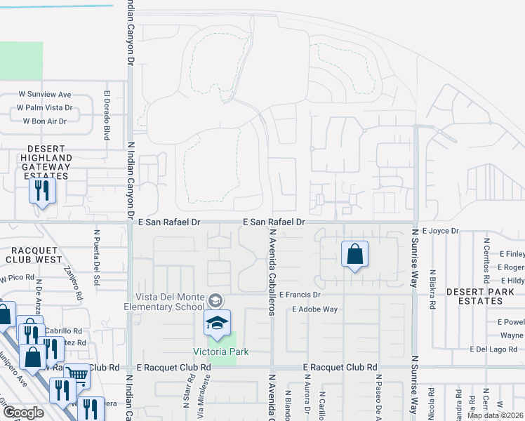map of restaurants, bars, coffee shops, grocery stores, and more near 3238 Ambassador Drive in Palm Springs