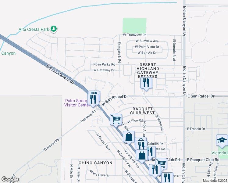 map of restaurants, bars, coffee shops, grocery stores, and more near 600 West San Rafael Drive in Palm Springs