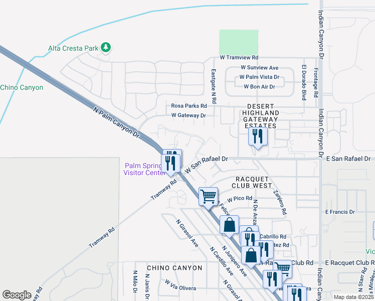 map of restaurants, bars, coffee shops, grocery stores, and more near 701 Los Felices Circle West in Palm Springs