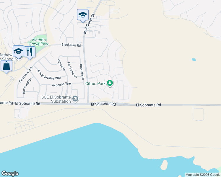map of restaurants, bars, coffee shops, grocery stores, and more near 12802-13098 El Sobrante Road in Riverside