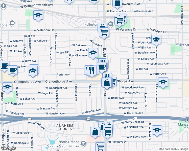 map of restaurants, bars, coffee shops, grocery stores, and more near 1043 West Orangethorpe Avenue in Fullerton