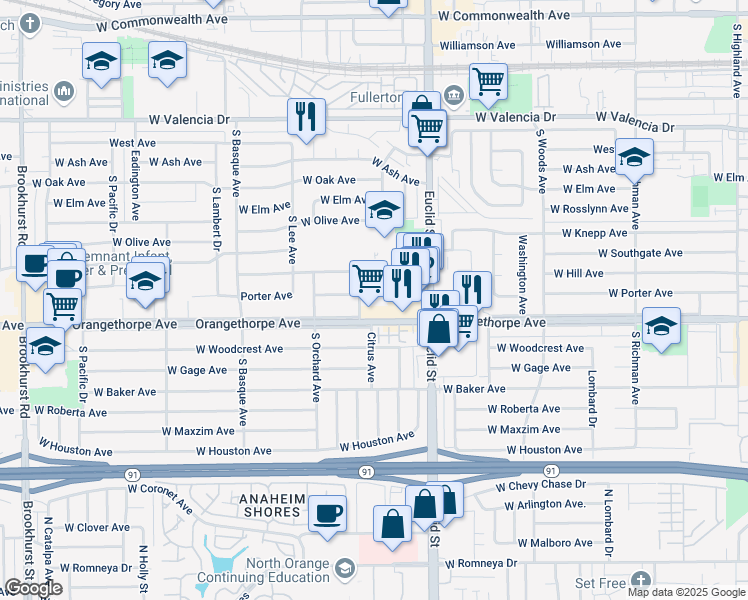 map of restaurants, bars, coffee shops, grocery stores, and more near 1131 West Orangethorpe Avenue in Fullerton