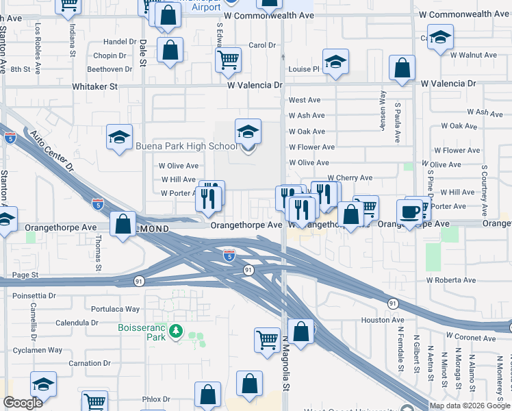 map of restaurants, bars, coffee shops, grocery stores, and more near 6956 Faculty Circle in Buena Park