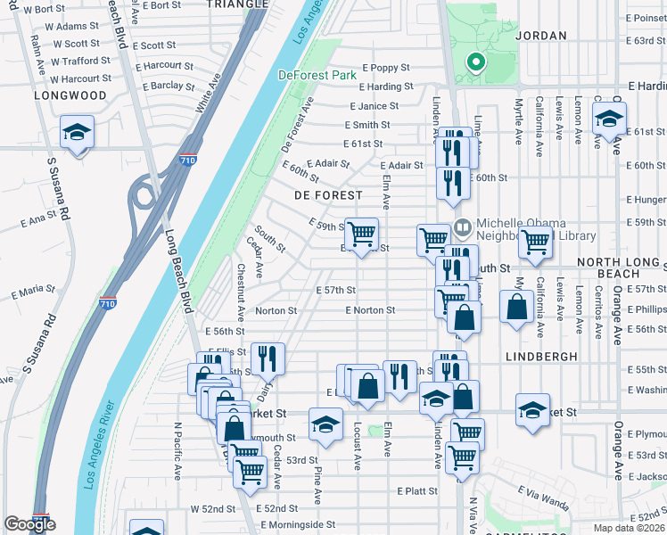 map of restaurants, bars, coffee shops, grocery stores, and more near 237 East 57th Street in Long Beach