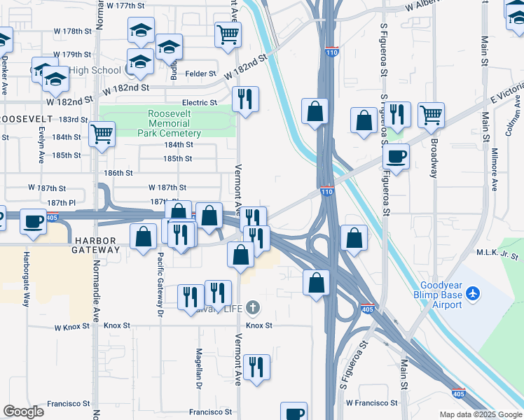 map of restaurants, bars, coffee shops, grocery stores, and more near 802 West 190th Street in Gardena