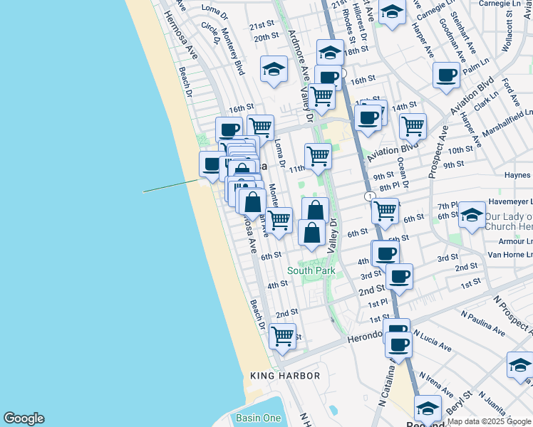 map of restaurants, bars, coffee shops, grocery stores, and more near in Hermosa Beach