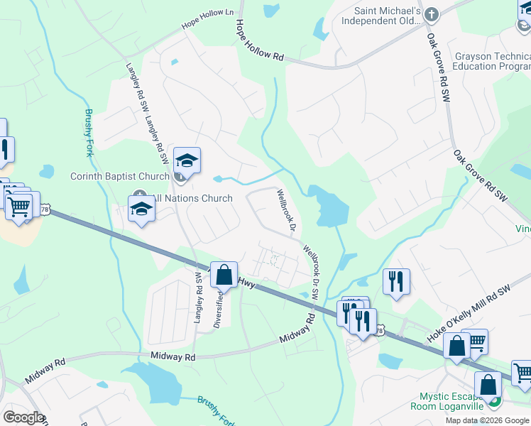 map of restaurants, bars, coffee shops, grocery stores, and more near 620 Wellbrook Court in Loganville