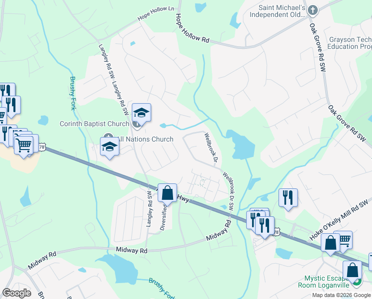 map of restaurants, bars, coffee shops, grocery stores, and more near 3265 Wellbrook Drive in Loganville