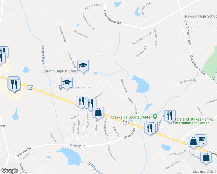 map of restaurants, bars, coffee shops, grocery stores, and more near 3265 Wellbrook Drive in Loganville