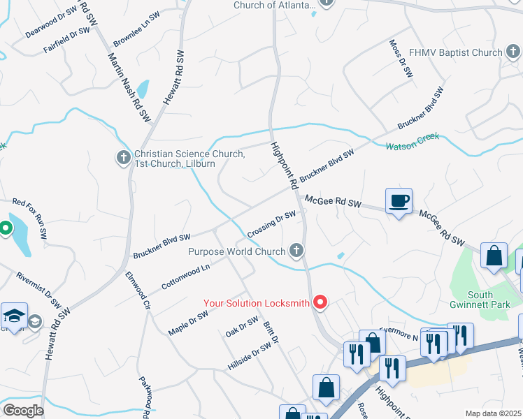 map of restaurants, bars, coffee shops, grocery stores, and more near 3226 Bruckner Boulevard Southwest in Snellville