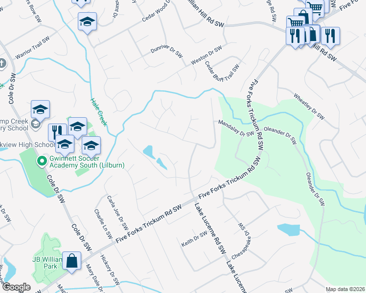 map of restaurants, bars, coffee shops, grocery stores, and more near 1256 Mandalay Court Southwest in Lilburn