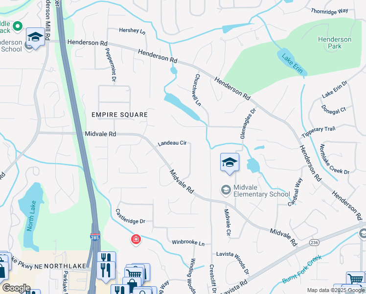 map of restaurants, bars, coffee shops, grocery stores, and more near 2558 Landeau Circle in Tucker