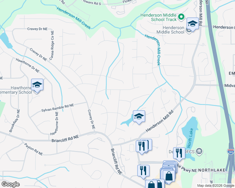 map of restaurants, bars, coffee shops, grocery stores, and more near 2513 Boxwood Court Northeast in Atlanta
