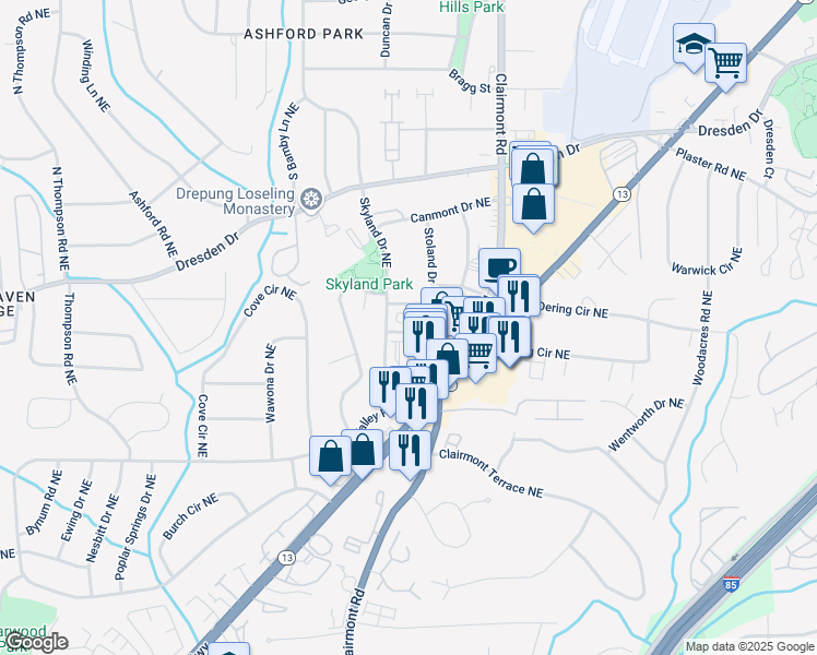 map of restaurants, bars, coffee shops, grocery stores, and more near 2448 Skyland Way Northeast in Brookhaven