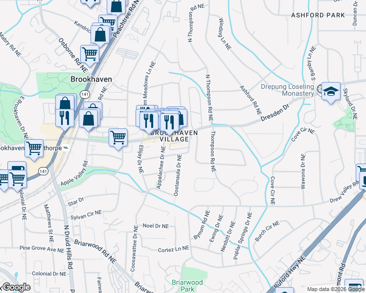 map of restaurants, bars, coffee shops, grocery stores, and more near 1477 Grant Drive Northeast in Atlanta