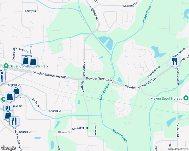 map of restaurants, bars, coffee shops, grocery stores, and more near 3467-3605 Powder Springs Rd SW in Powder Springs