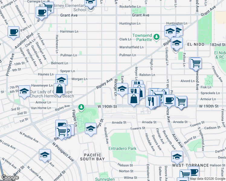 map of restaurants, bars, coffee shops, grocery stores, and more near 2117 Havemeyer Lane in Redondo Beach