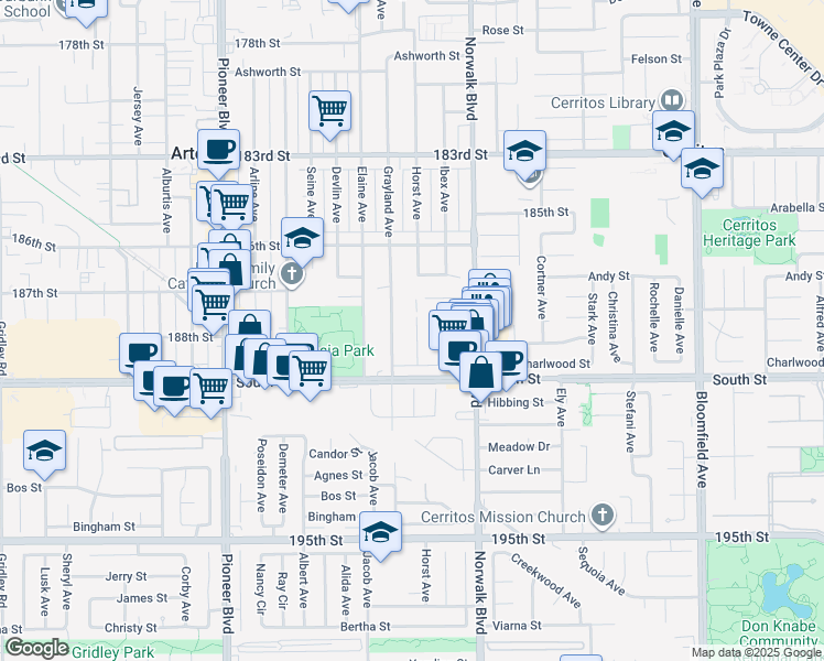 map of restaurants, bars, coffee shops, grocery stores, and more near 18904 Grayland Avenue in Artesia