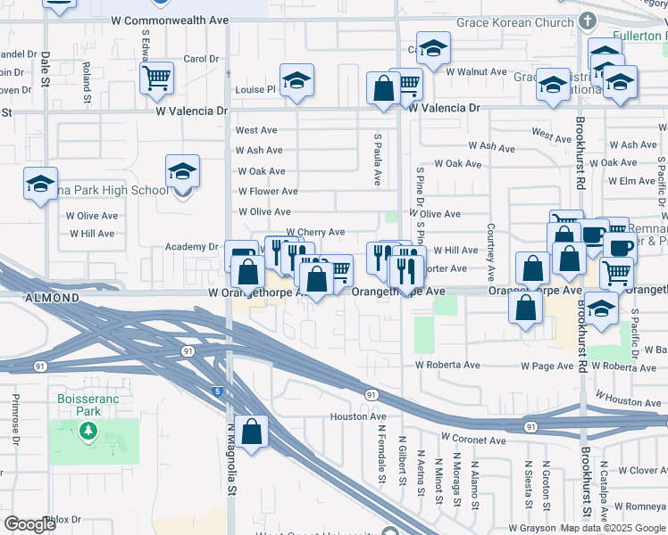map of restaurants, bars, coffee shops, grocery stores, and more near 1130 Nicklett Avenue in Fullerton