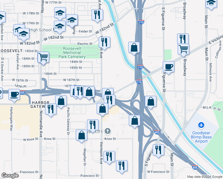 map of restaurants, bars, coffee shops, grocery stores, and more near 879 West 190th Street in Gardena