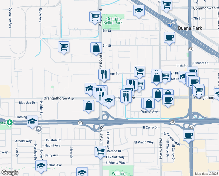 map of restaurants, bars, coffee shops, grocery stores, and more near 7037 Orangethorpe Avenue in Buena Park