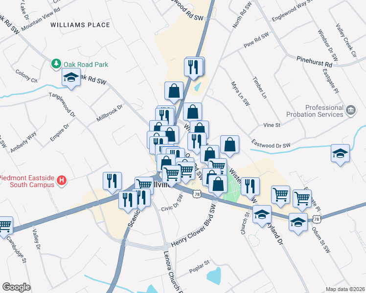 map of restaurants, bars, coffee shops, grocery stores, and more near 2250 Oak Road Southwest in Snellville
