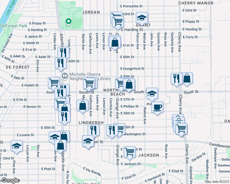 map of restaurants, bars, coffee shops, grocery stores, and more near 1170 South Street in Long Beach