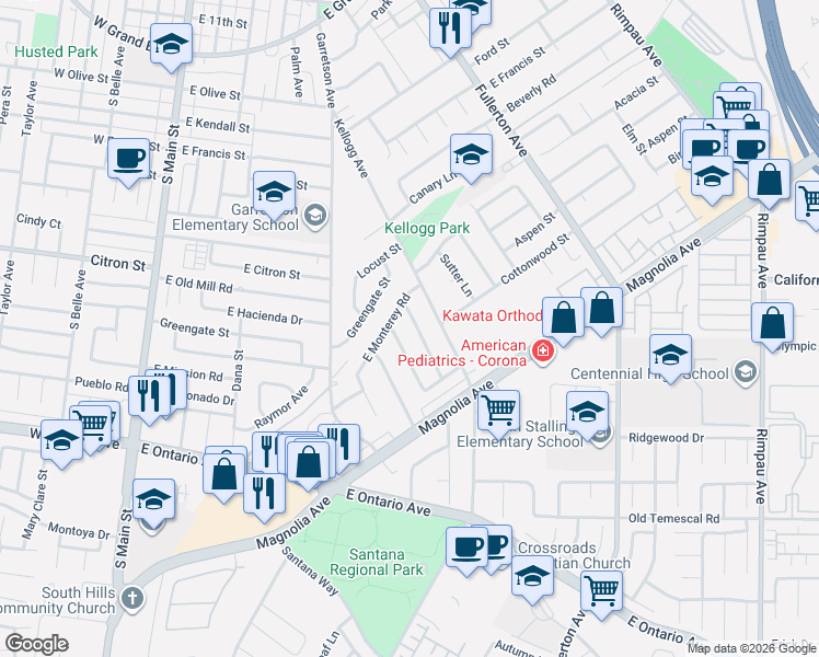 map of restaurants, bars, coffee shops, grocery stores, and more near 1898 Wren Avenue in Corona