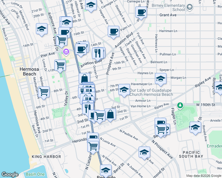 map of restaurants, bars, coffee shops, grocery stores, and more near 1105 6th Street in Hermosa Beach