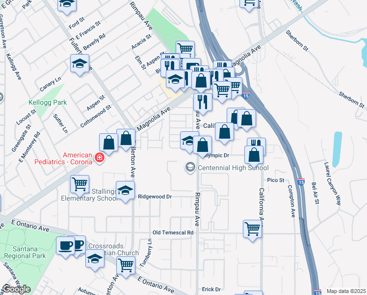 map of restaurants, bars, coffee shops, grocery stores, and more near 1550 Rimpau Avenue in Corona