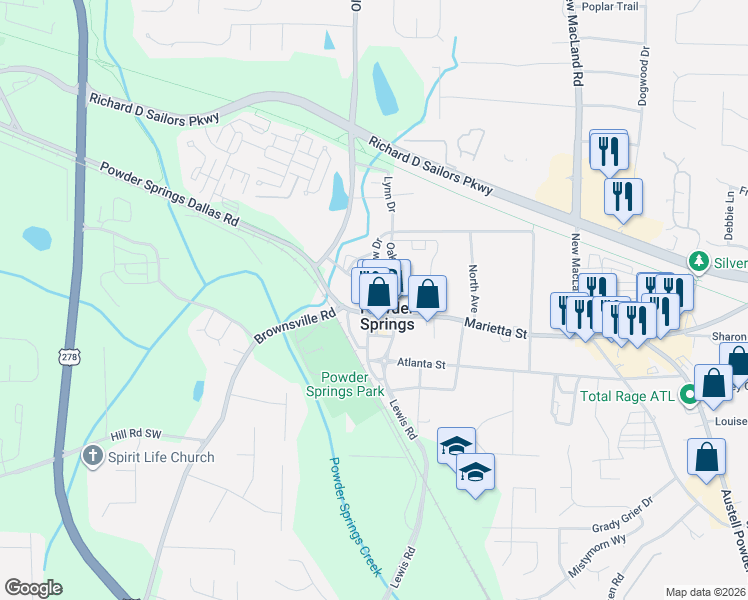 map of restaurants, bars, coffee shops, grocery stores, and more near 4475 Pineview Drive in Powder Springs