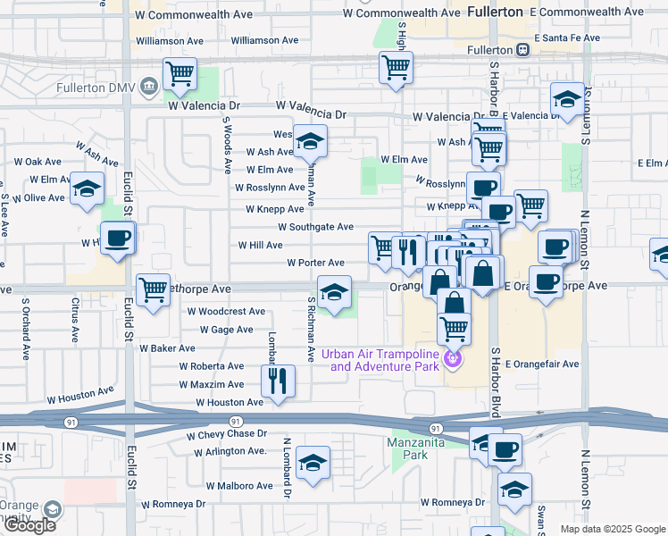 map of restaurants, bars, coffee shops, grocery stores, and more near 442 West Porter Avenue in Fullerton