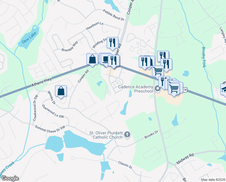 map of restaurants, bars, coffee shops, grocery stores, and more near 1096 Masters Lane in Snellville