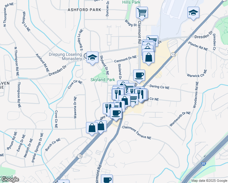 map of restaurants, bars, coffee shops, grocery stores, and more near 2448 Skyland Way Northeast in Brookhaven