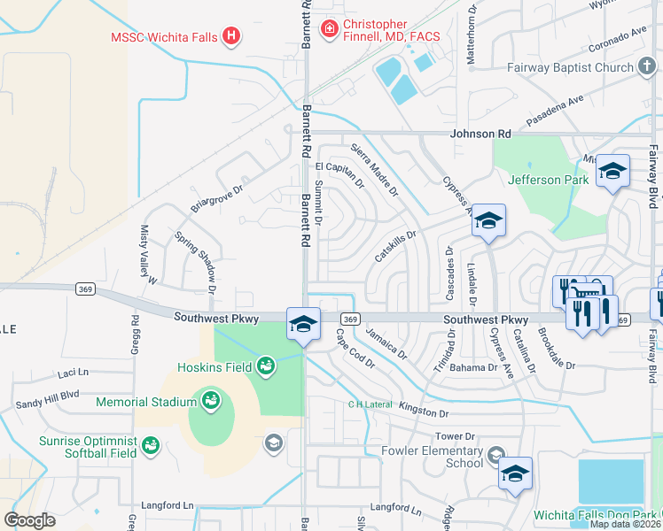 map of restaurants, bars, coffee shops, grocery stores, and more near 4663 El Capitan Drive in Wichita Falls