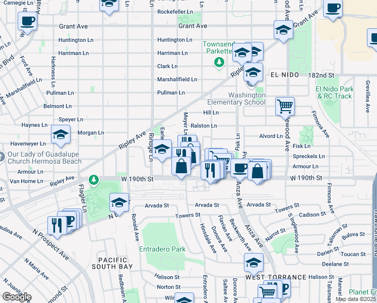 map of restaurants, bars, coffee shops, grocery stores, and more near 700 Meyer Lane in Redondo Beach