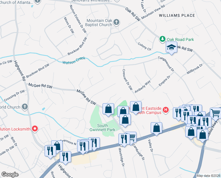 map of restaurants, bars, coffee shops, grocery stores, and more near 2020 Mc Gee Road Southwest in Snellville