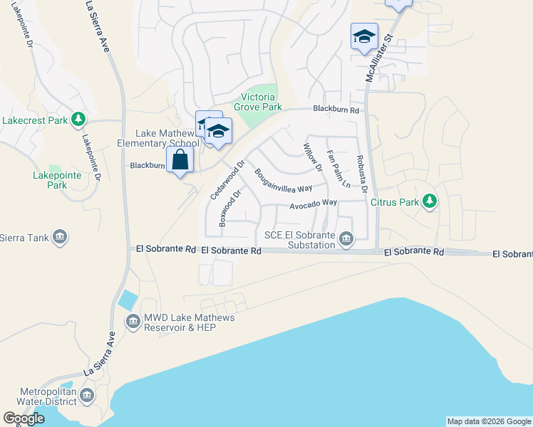 map of restaurants, bars, coffee shops, grocery stores, and more near 17934 Orangewood Lane in Riverside