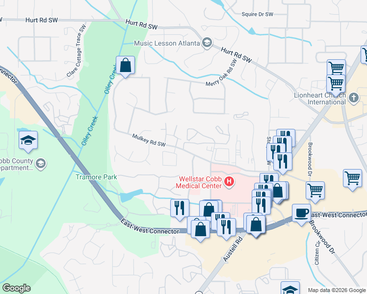 map of restaurants, bars, coffee shops, grocery stores, and more near 1820 Mulkey Road in Austell