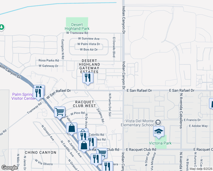 map of restaurants, bars, coffee shops, grocery stores, and more near 290 West San Rafael Place in Palm Springs