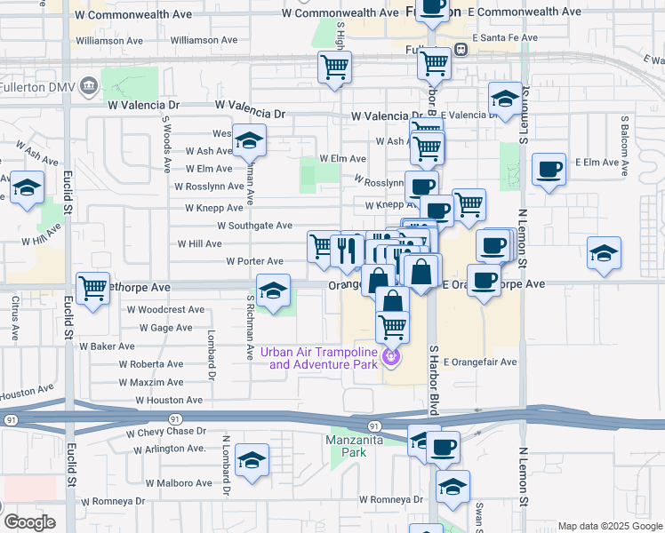 map of restaurants, bars, coffee shops, grocery stores, and more near 306 West Porter Avenue in Fullerton