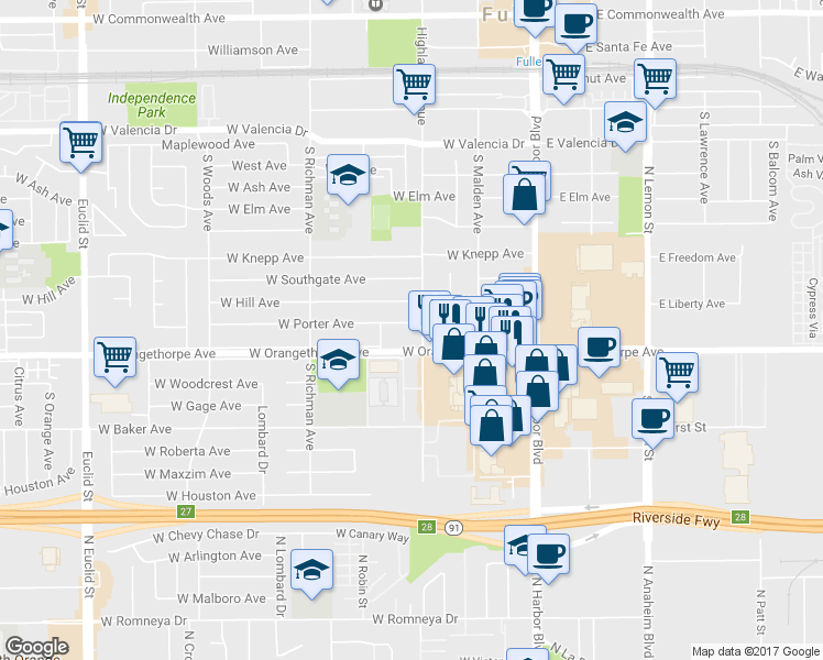 map of restaurants, bars, coffee shops, grocery stores, and more near 306 West Porter Avenue in Fullerton