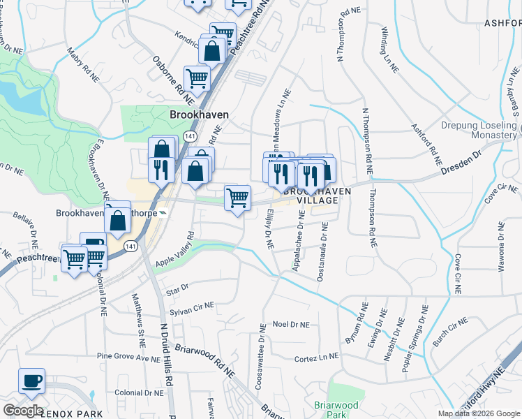 map of restaurants, bars, coffee shops, grocery stores, and more near 1377 Dresden Drive Northeast in Brookhaven