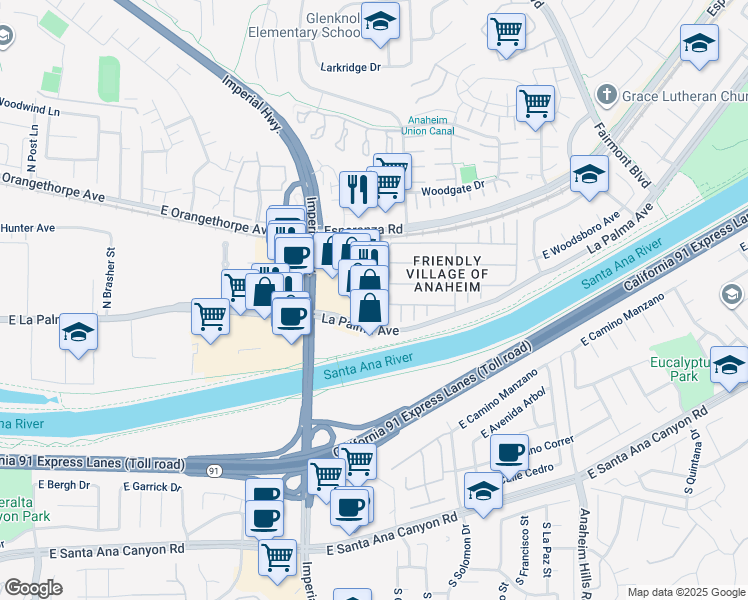 map of restaurants, bars, coffee shops, grocery stores, and more near La Palma Avenue in Anaheim
