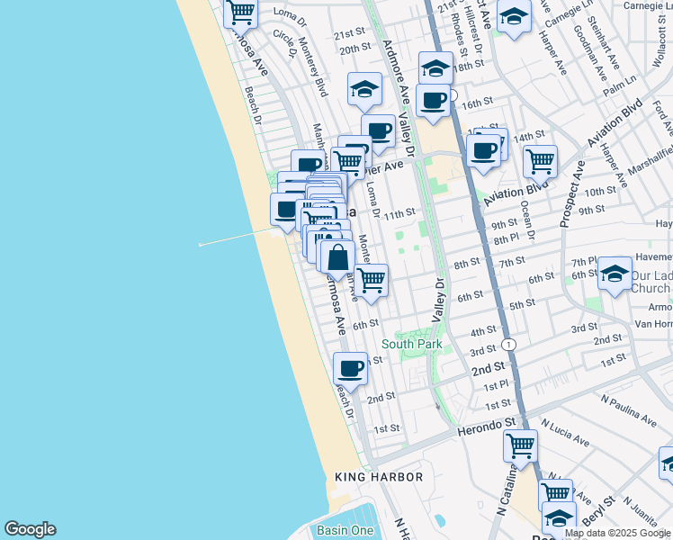 map of restaurants, bars, coffee shops, grocery stores, and more near in Hermosa Beach