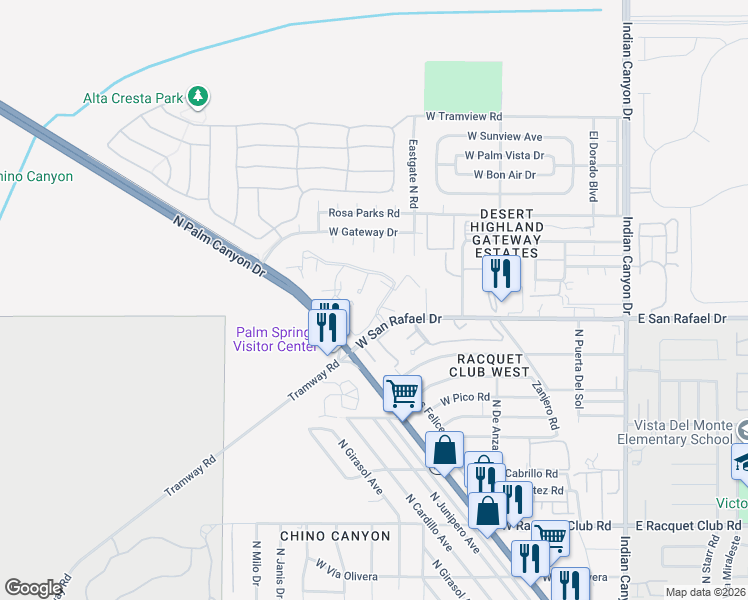 map of restaurants, bars, coffee shops, grocery stores, and more near 2801 North Los Felices Road in Palm Springs