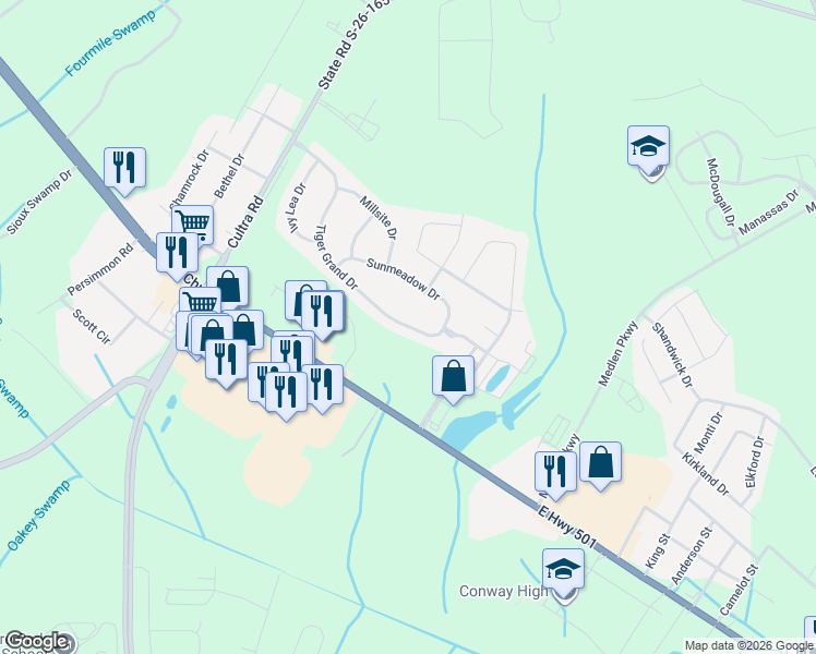 map of restaurants, bars, coffee shops, grocery stores, and more near 1441 Tiger Grand Drive in Conway