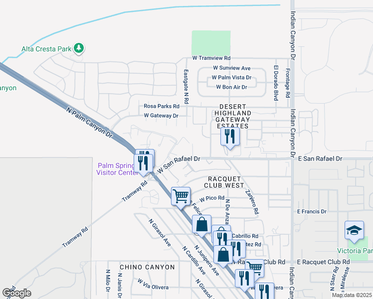 map of restaurants, bars, coffee shops, grocery stores, and more near 2810 North Arcadia Court in Palm Springs