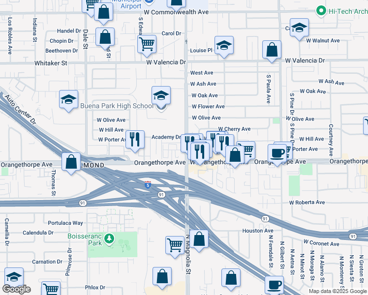 map of restaurants, bars, coffee shops, grocery stores, and more near 6923 Magnolia Avenue in Buena Park