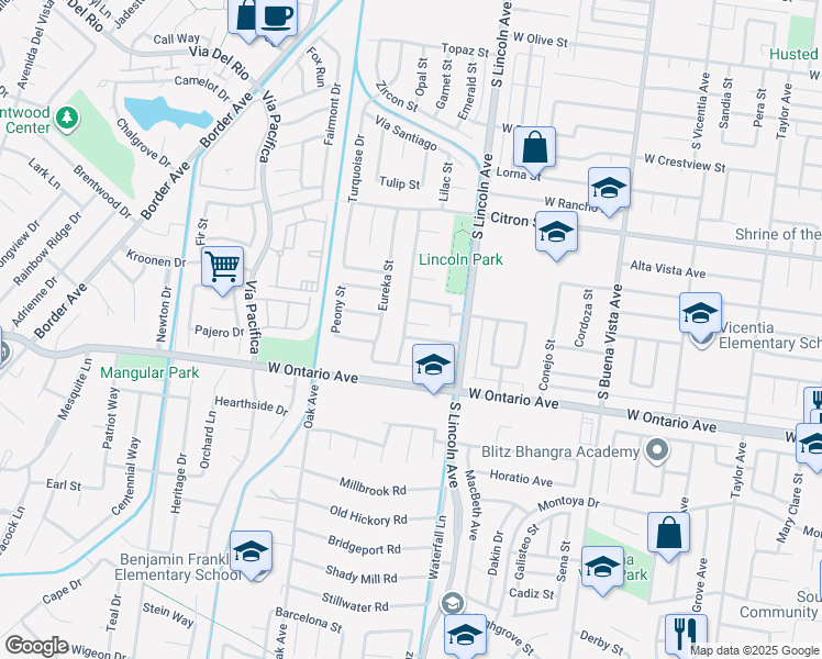 map of restaurants, bars, coffee shops, grocery stores, and more near 1142 Daisy Circle in Corona